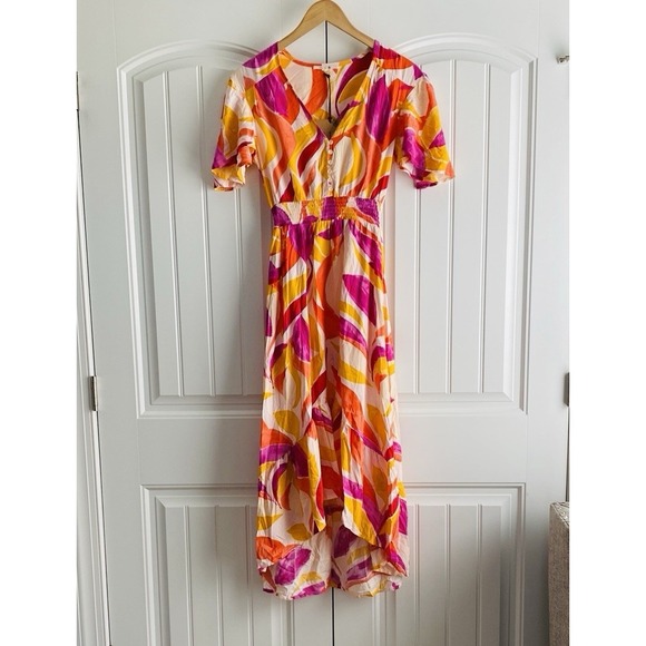 NWT Abel the Label Anthropologie‎ Swish Hi Lo Dress Orange Pink Smocking Size XS - Picture 2 of 10